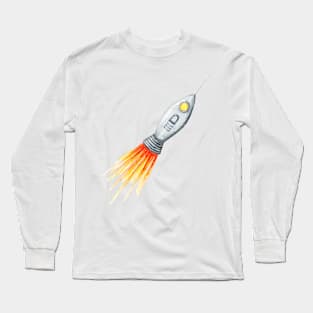 Retro Rocket Ship Watercolor Painting Long Sleeve T-Shirt